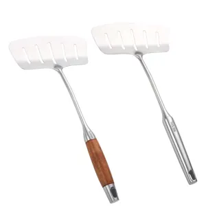 Stainless steel spatula set with wooden handle and metal handle for cooking and frying.