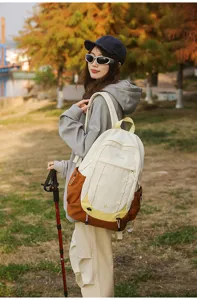 College style color-block student backpack, large capacity outdoor hiking daypack for women.