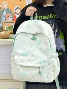 Fresh sweet style cute star print canvas double shoulder student backpack for daily casual use