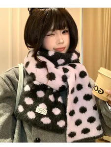 Korean style wool polka dot knitted scarf, double-sided winter warm cozy fashion neck warmer.