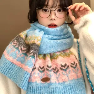 Women's Winter Warm Wool Blend Scarf Retro Fair Isle Jacquard Knitted Neck Warmer Cold Weather Fashion Accessory