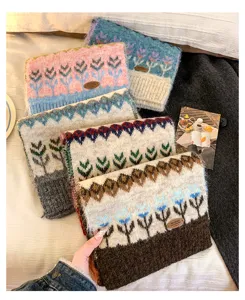 Cozy winter wool-blend knitted scarf with retro Fair Isle floral jacquard design, warm neck wrap.