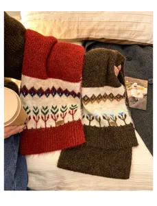 Winter wool blend knitted scarf with classic Fair Isle jacquard pattern, cozy and warm.