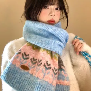 Blue and pink Fair Isle knitted winter scarf for women, cozy and thick warm neck warmer.