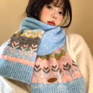 Blue wool blend knit scarf for women, thick winter warm Fair Isle pattern neck warmer.