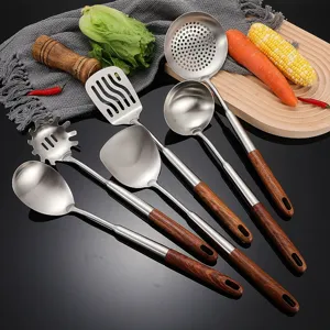 304 Stainless Steel Cooking Spatula And Soup Spoon Set Pear Wood Handle Kitchen Utensils For Home Daily Cooking