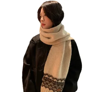 Fair Isle wool beige knitted scarf for women, cozy warm winter fashion neck accessory.