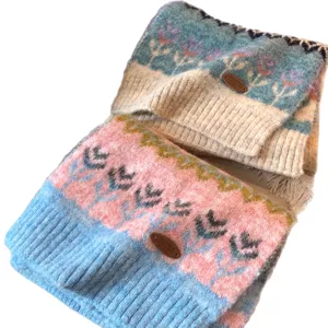 Wool blend blue Fair Isle jacquard knitted scarf women winter warm thick neck protection