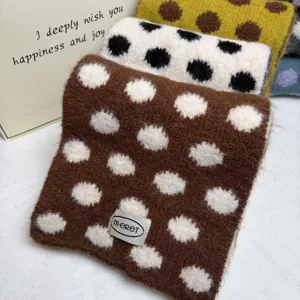 Korean style wool blend polka dot knit scarf detail showing soft texture and cozy winter warmth.