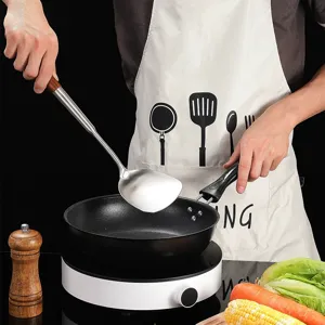 Stainless steel cooking spatula with wooden handle for home kitchen, durable utensil tool.