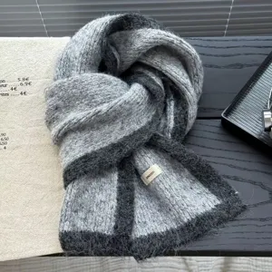 Grey wool blended colorblocked knitted scarf, soft warm winter neck warmer for women.