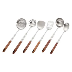 Stainless steel kitchen utensil set with wooden handle cooking spatula and soup spoon.