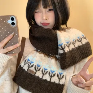 Winter wool blend knit scarf for women Fair Isle jacquard brown Korean style warm neck warmer
