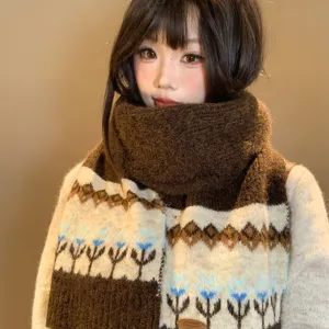 Cozy brown Fair Isle knit scarf for women, warm wool blend winter neck warmer stylish.