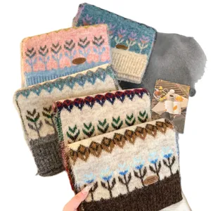 Winter wool blend knitted scarf women Fair Isle jacquard brown warm cozy neck warmer main view