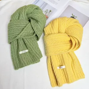 Cozy winter knitted woolen blend scarf with classic cable twist texture and stylish label.