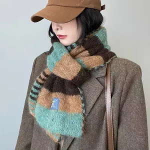 Women's color block striped knitted scarf autumn winter thick warm cozy neck wrap wool blend