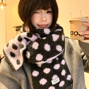 Korean wool-blend polka dot double-sided knitted winter warm cozy fashion scarf for women