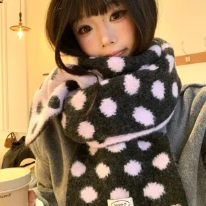 Korean style wool blend polka dot knitted scarf for women, cozy winter warm fashion wear.
