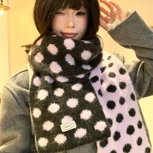 Korean wool-blend polka dot double-sided knit scarf for women autumn winter warm neckerchief