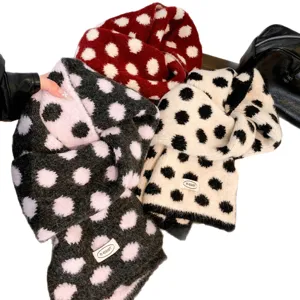 Korean style wool-blend polka dot knitted scarf for women, cozy winter warm neckerchief.