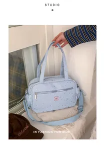 Light blue star print canvas shoulder bag casual large capacity tote crossbody bag for women
