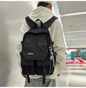 Workwear style backpack for students, large capacity plaid casual travel school bag unisex