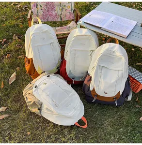 Outdoor camping style colorblocked student backpack, large capacity casual daypack.