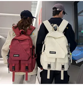 Large capacity stylish canvas backpack for students, casual couple school bag with multi pockets.