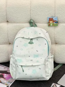 Detailed view of sweet star print student backpack, fresh green gradient design with multiple pockets.