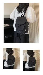 Detail view of minimalist solid color drawstring casual backpack for women daily commuting style