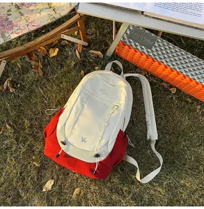 Canvas colorblock backpack student schoolbag outdoor hiking travel daypack white red
