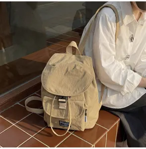 Korean minimalist solid color drawstring backpack, casual commute canvas school bag, khaki.