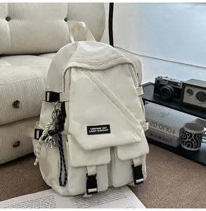 Casual white utility backpack with multiple pockets, large capacity daily school bag for travel.