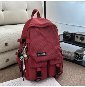 Utility style student backpack with plaid patchwork, large capacity casual travel rucksack.