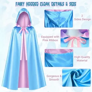 Fairy hooded cloak details showing blue and pink double-sided design with pink ribbon tie.