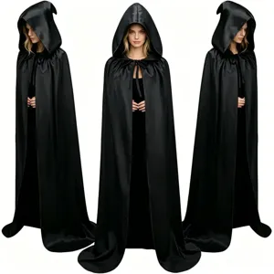 Multi-angle view of a black hooded cloak, perfect for cosplay, Halloween and costume parties.