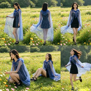 Shiny metallic hooded cape mesh cloak starry stage performance costume outerwear detail view