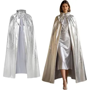 Silver metallic stand-up collar long cape cloak for Halloween party, cosplay, and stage costume.