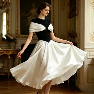 Elegante detalle de vestido de noche sin tirantes con corpiño negro y chal blanco.