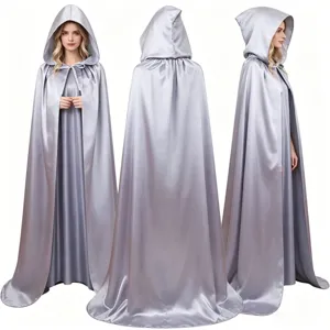 Silver satin hooded cloak cape for costume party, Halloween cosplay, and theatrical events.