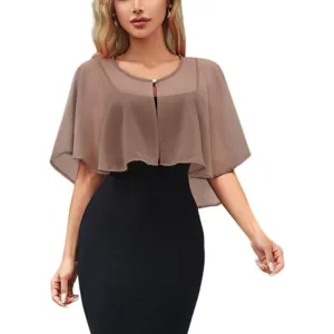 Sheer chiffon capelet detail view, elegant mocha short shawl for women party wear.