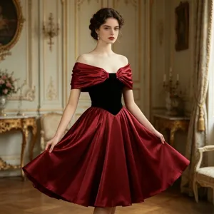 Elegante vestido de noche con hombros descubiertos en satén rojo vino y terciopelo.