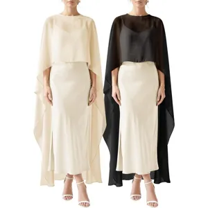 Elegant chiffon cape evening dress with asymmetric hem and matching slip gown for formal events.