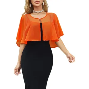 Orange chiffon shrug detail showing sheer lightweight fabric and elegant pearl button closure.