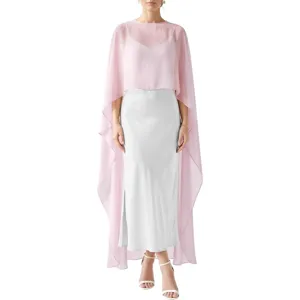 Pink chiffon cape with white satin long dress evening wear elegant outfit for women