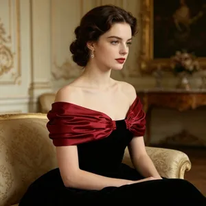 Elegante chal de satén con hombros descubiertos y vestido de noche de terciopelo negro.