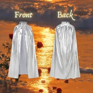Detailed view of a silver glossy metallic stand-up collar cape cloak for Halloween party.
