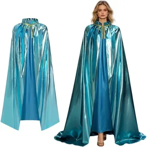 Metallic blue long cape detail, glossy hooded cloak display, Halloween costume garment fabric view.