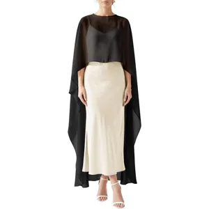 Chiffon cape evening dress elegant black sheer shawl with cream long skirt for formal party.